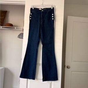 Pilcro Dark Blue Flare Jeans with Button Accents